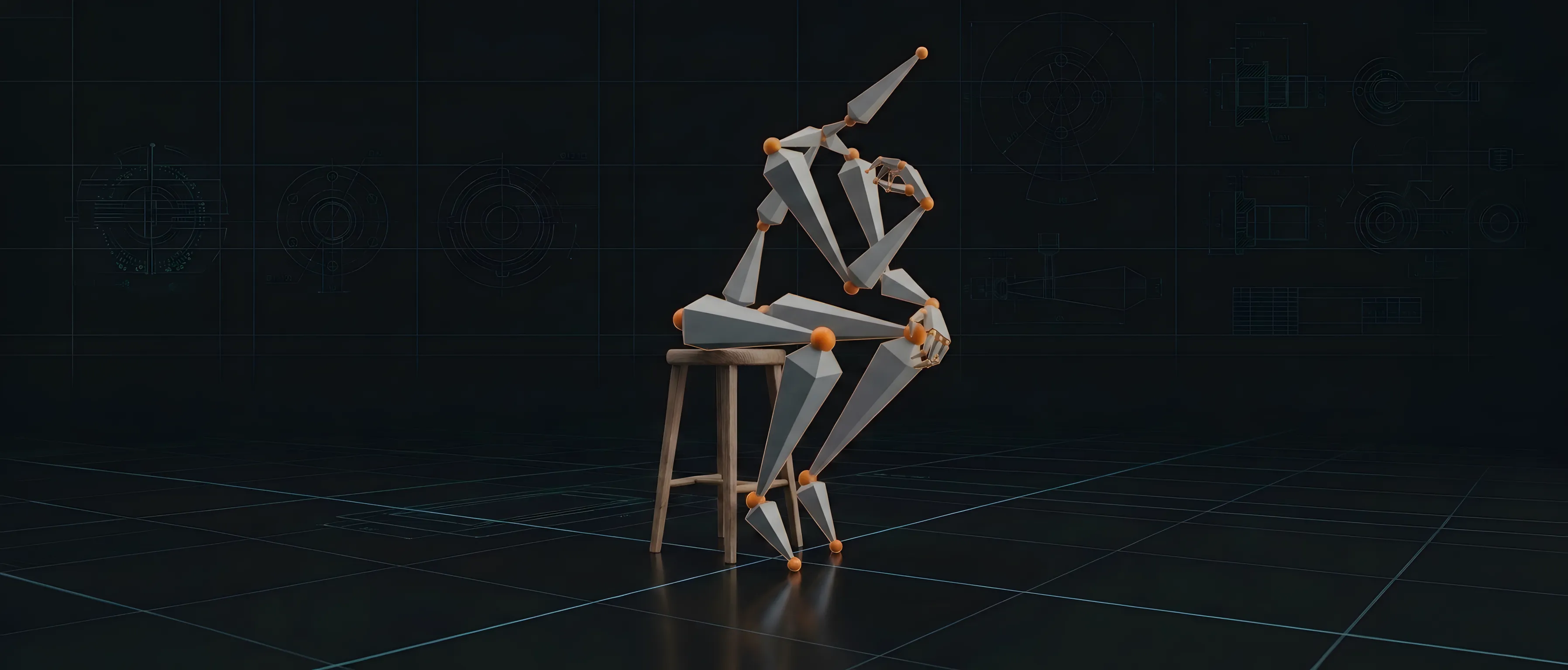Humanoid armature in The Thinker posture.